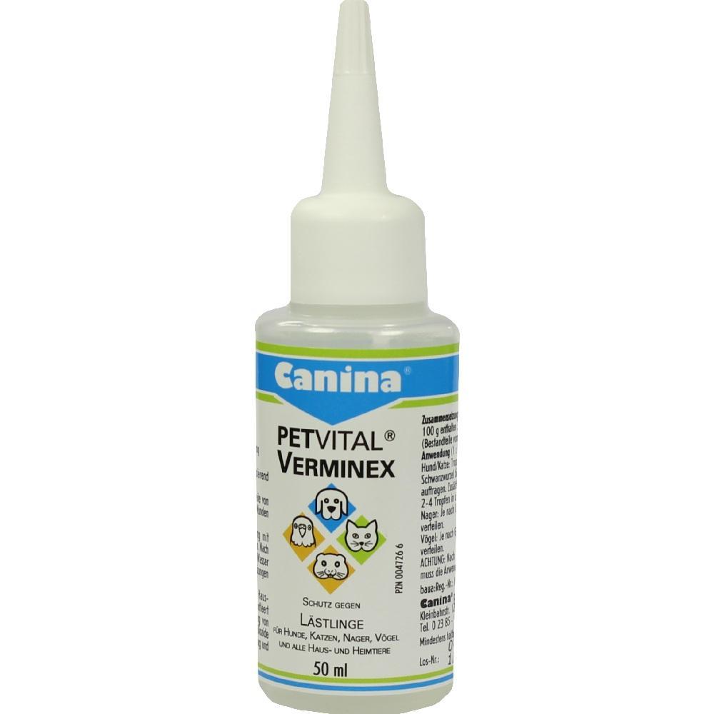 Flasche mit Tierpflegeprodukt namens Petvital Verminex von Canina.