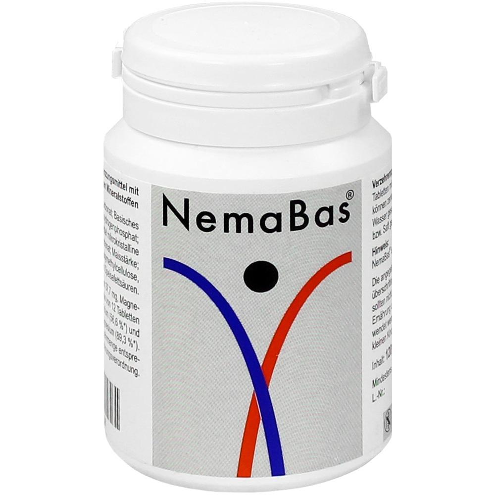 Wei&szlig;e Pillendose mit der Aufschrift "NemaBas" und farbigem Design.