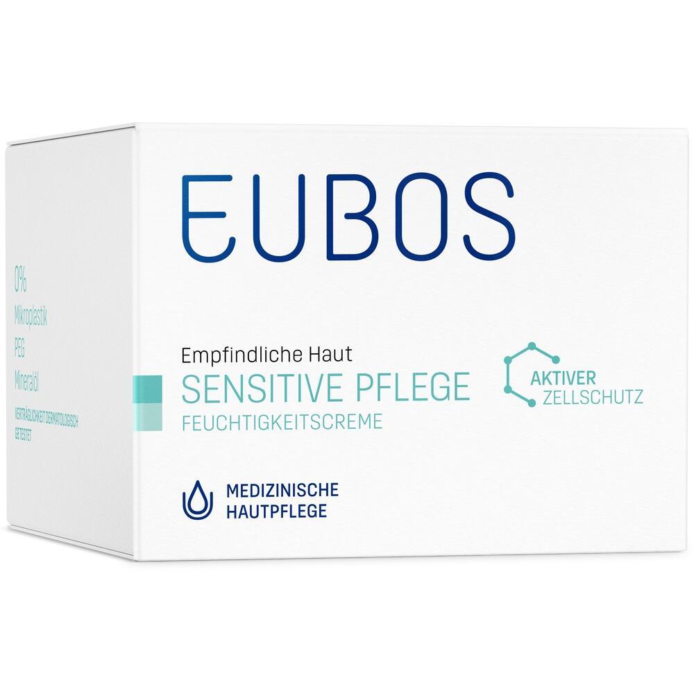 Wei&szlig;e Verpackung einer Eubos Feuchtigkeitscreme f&uuml;r empfindliche Haut.