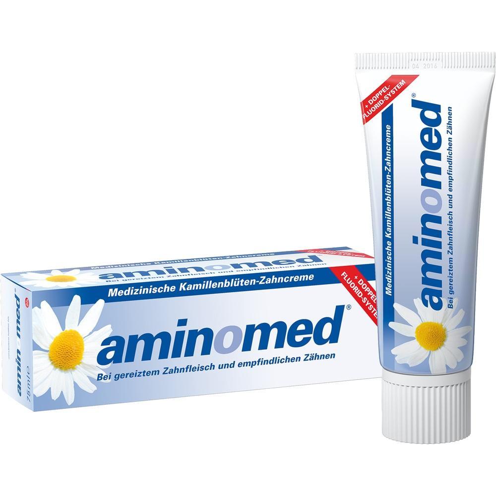 Eine Zahnpastatube und -packung mit Kamillenbl&uuml;tenmotiv.