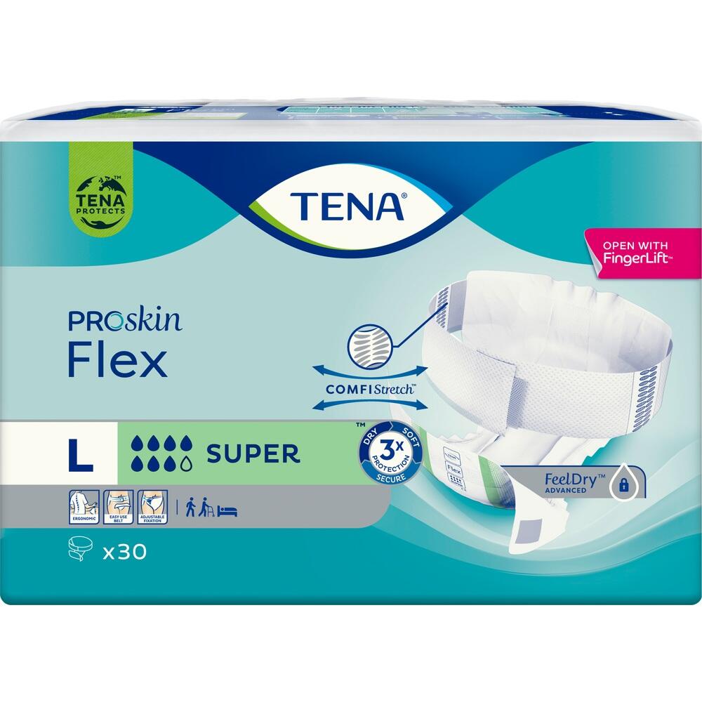 Verpackung von TENA ProSkin Flex Windeln in Gr&ouml;&szlig;e L mit Abbildung einer Windel.
