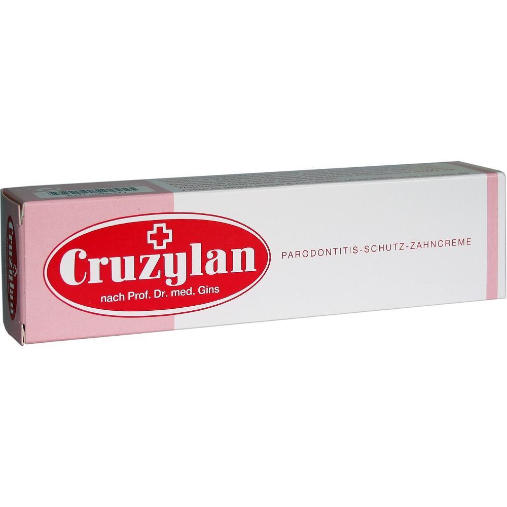 Eine Zahnpasta namens Cruzylan gegen Parodontitis in einer wei&szlig;en und rosa Verpackung.
