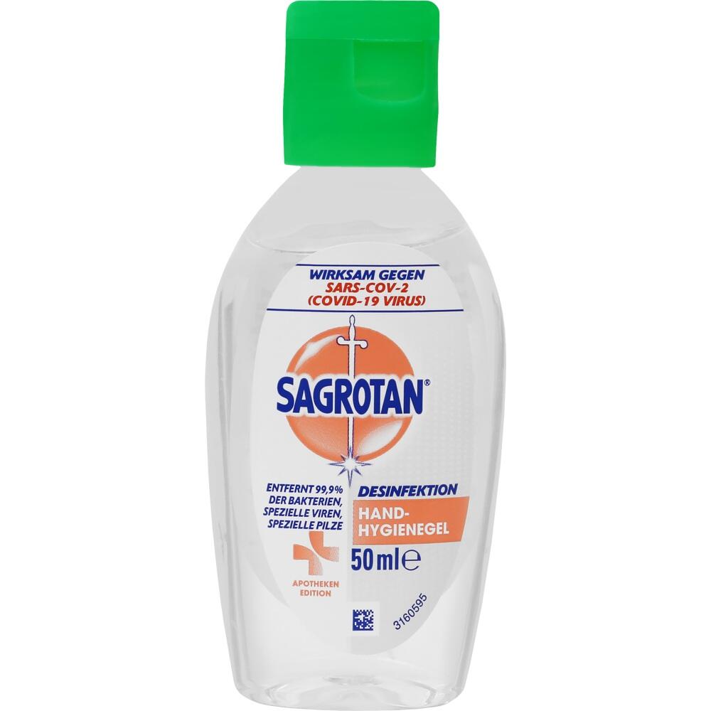 Eine kleine Flasche Sagrotan Hand-Desinfektionsgel mit gr&uuml;nem Deckel.