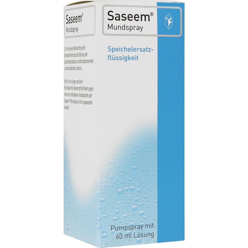 Wei&szlig;e Verpackung eines Mundsprays mit blauem Design und Text.