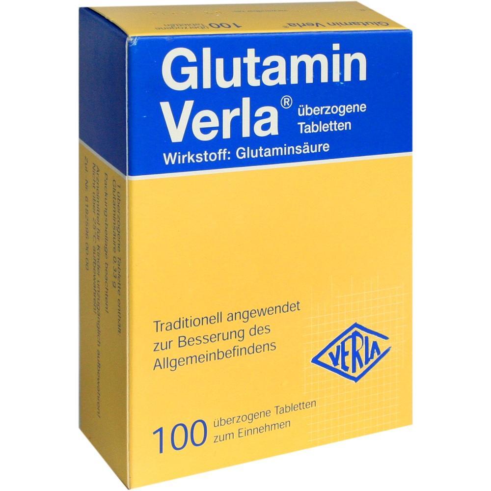 Gelbe Medikamentenverpackung mit dem Namen "Glutamin Verla" und 100 Tabletten.