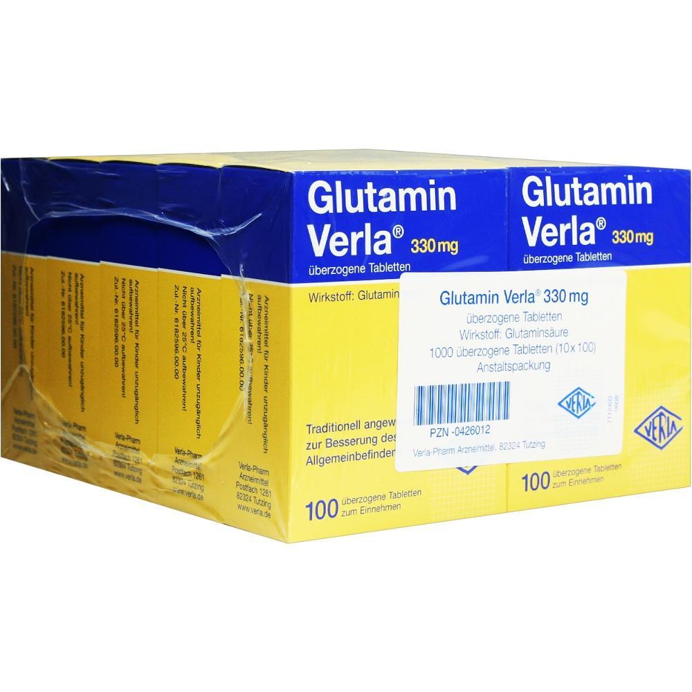 Eine gro&szlig;e gelbe Packung mit Glutamin-Verla-Tabletten.
