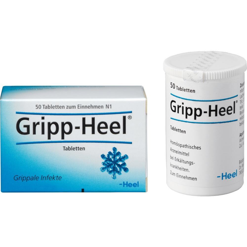 Eine Packung und ein Beh&auml;lter von Gripp-Heel-Tabletten gegen Erk&auml;ltung.