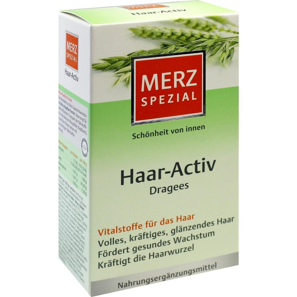 Eine gr&uuml;ne Verpackung f&uuml;r Haar-Dragees von Merz Spezial.