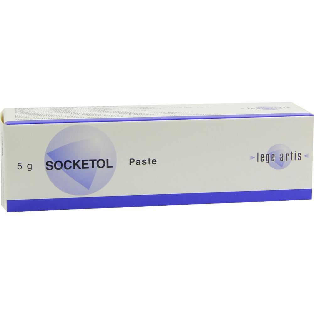 Eine wei&szlig;e Schachtel mit der Aufschrift "SOCKETOL Paste" in blauer Schrift.