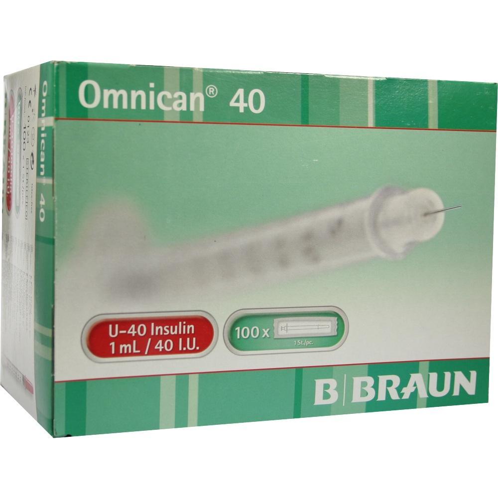 Grüner Karton mit 100 Insulinspritzen von Omnican 40.