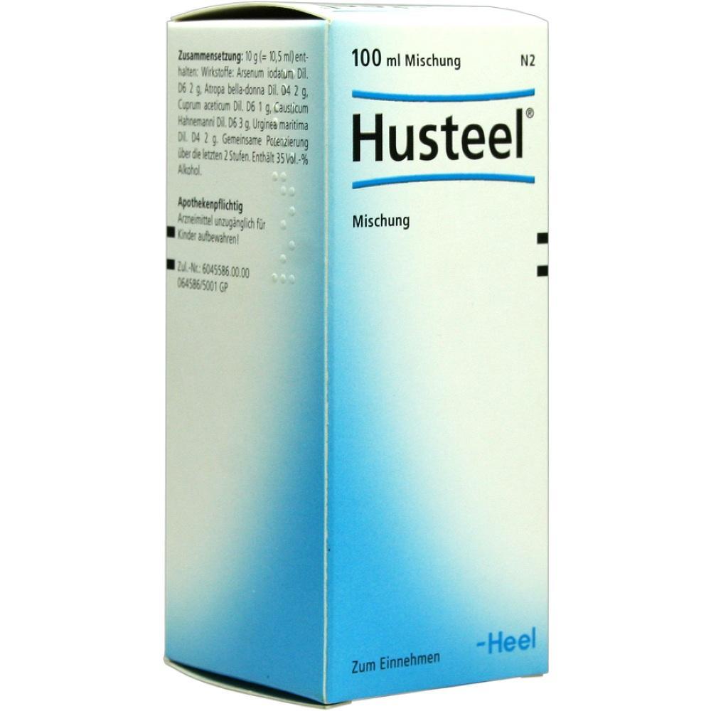 Wei&szlig;e und blaue Verpackung eines Hustensaftes namens Husteel.