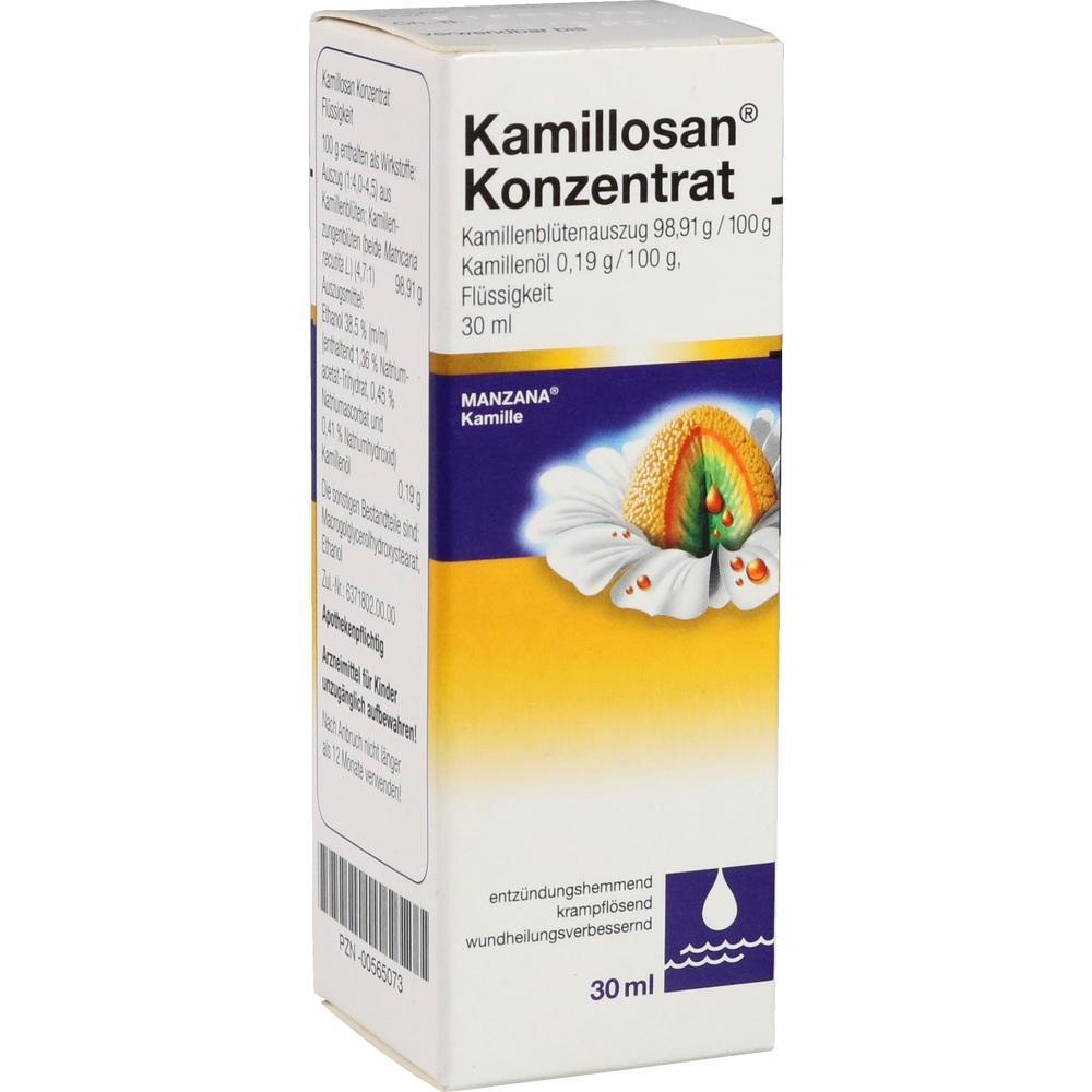 Eine Verpackung von Kamillosan Konzentrat mit Kamillenbl&uuml;ten und Regenbogen.