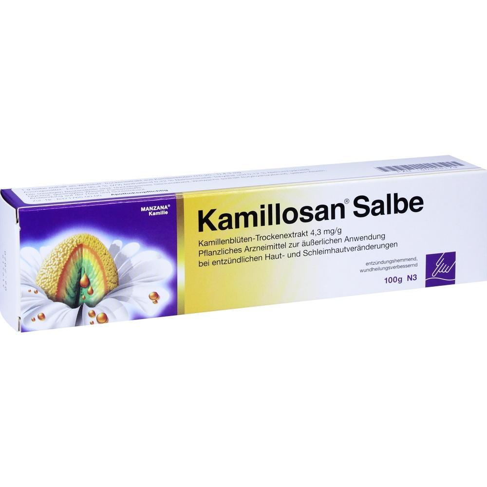 Eine Kamillosan Salbe in einer gelben und lila Verpackung.
