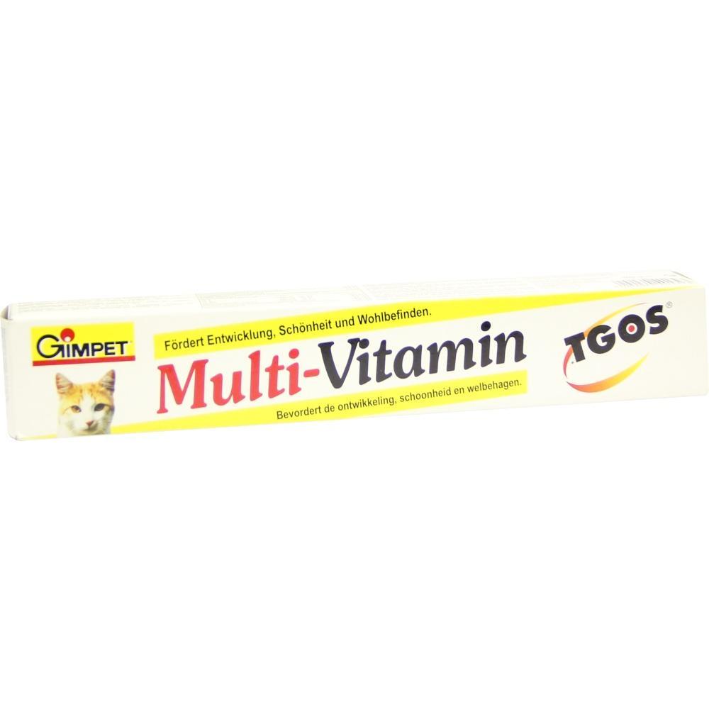 Eine Verpackung von Gimpet Multi-Vitamin f&uuml;r Katzen mit Text zur F&ouml;rderung der Gesundheit.