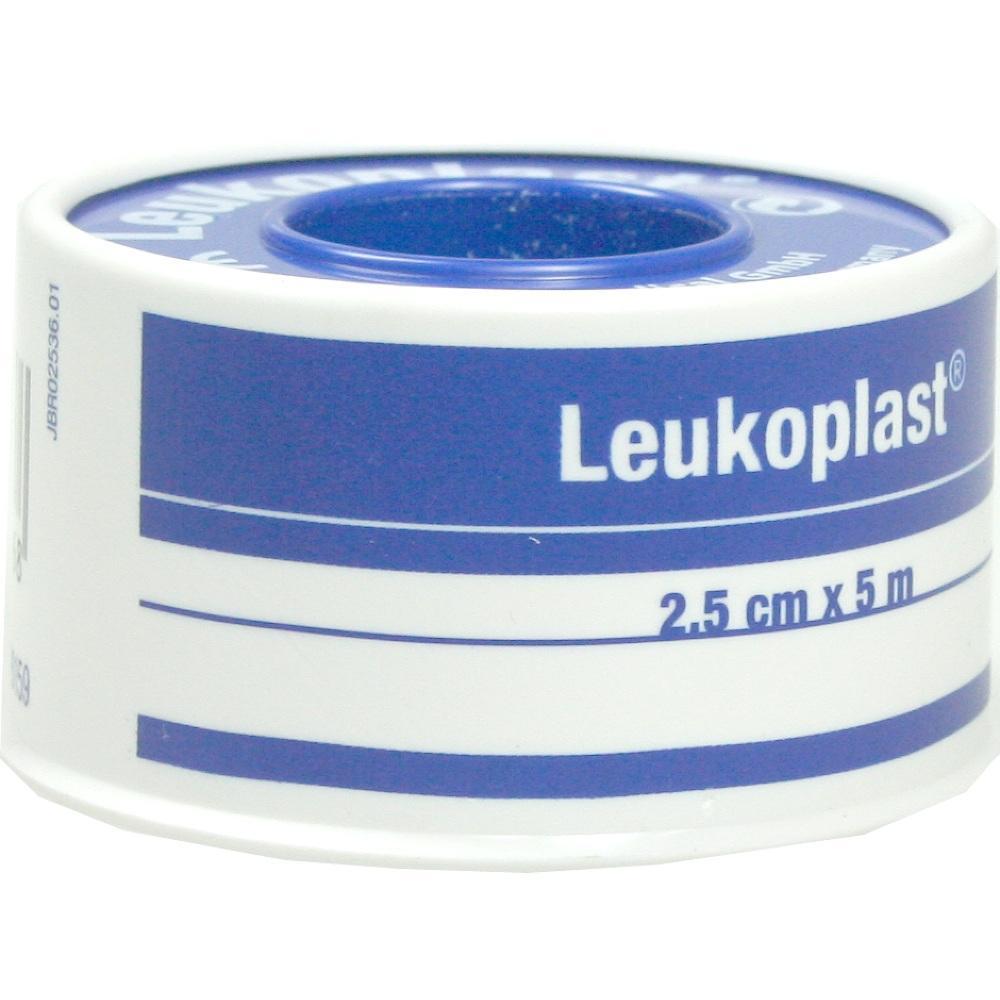 Eine Rolle wei&szlig;es Leukoplast-Klebeband mit blauer Aufschrift.