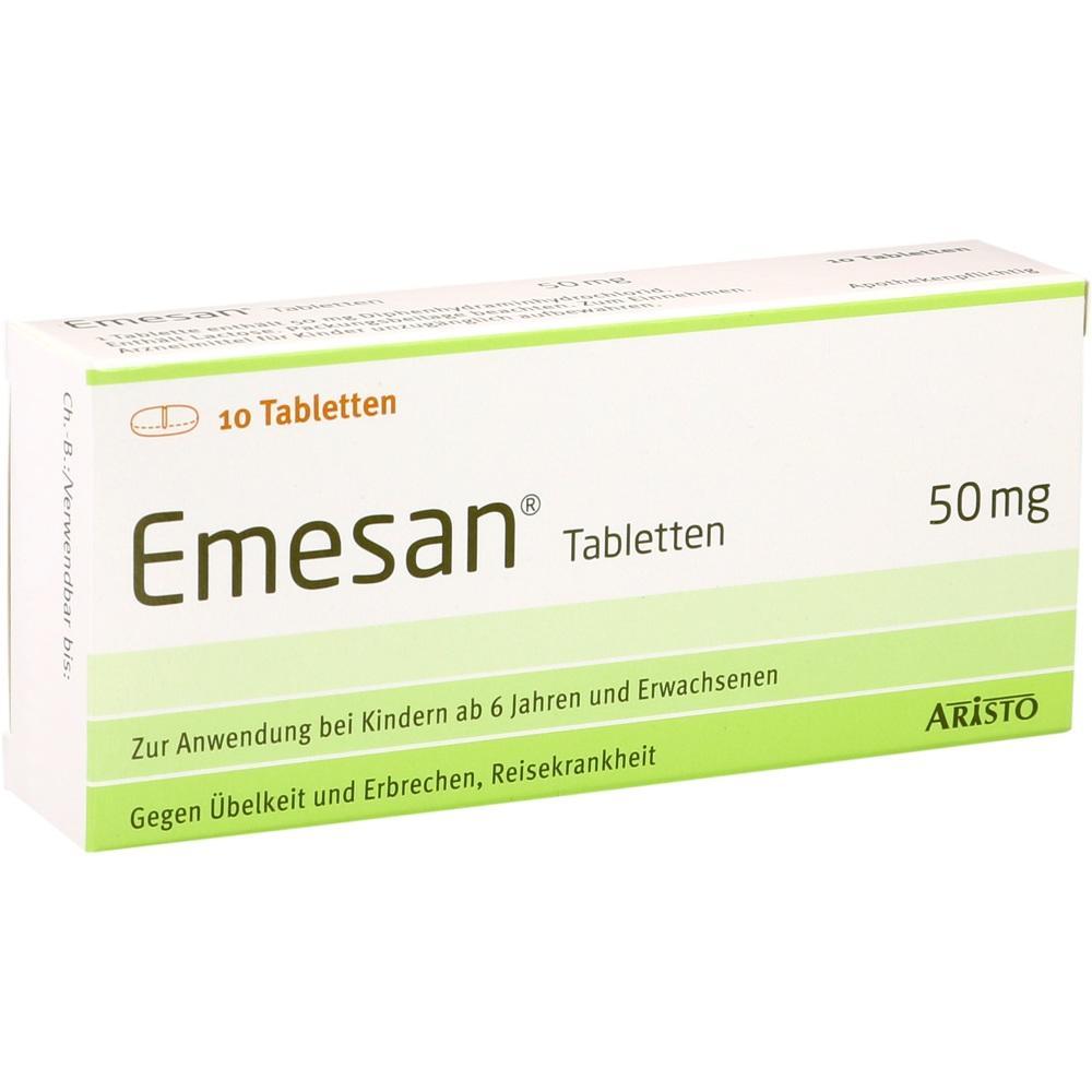 Eine Packung mit Emesan-Tabletten gegen &Uuml;belkeit und Erbrechen f&uuml;r Kinder und Erwachsene.