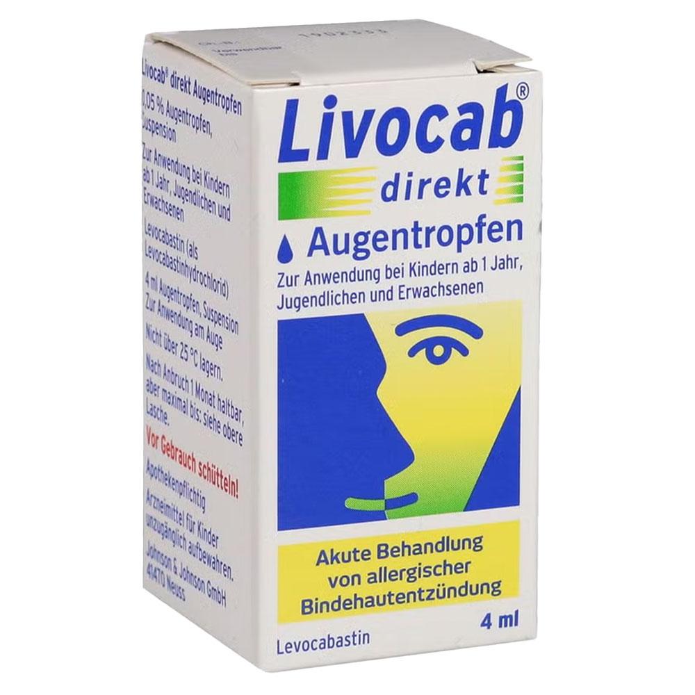 Verpackung von Augentropfen zur Behandlung allergischer Bindehautentz&uuml;ndung.