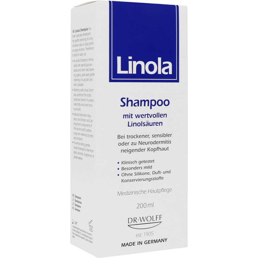 Eine wei&szlig;e Verpackung mit der Aufschrift "Linola Shampoo" gegen trockene Kopfhaut.