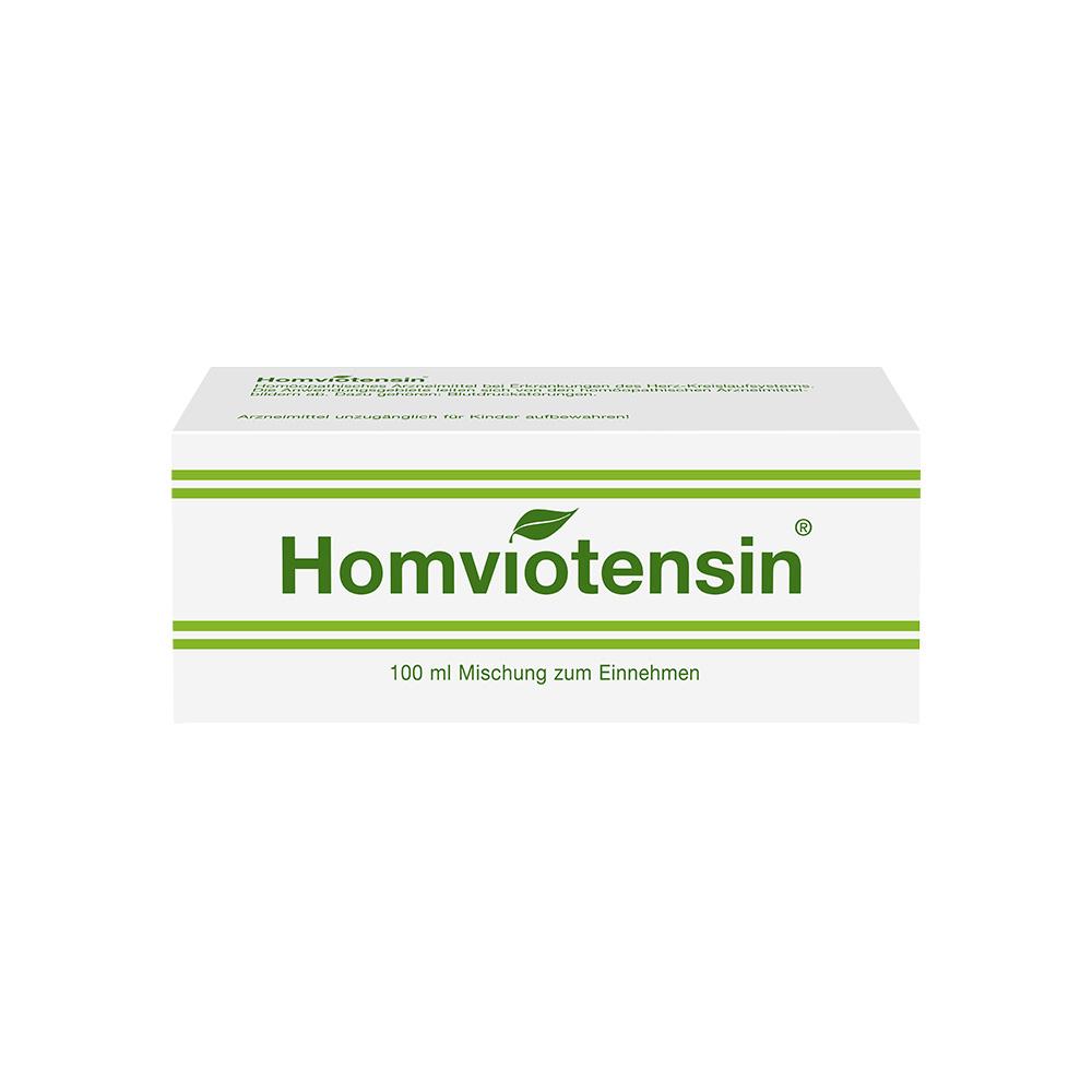 Wei&szlig;e Arzneimittelverpackung mit gr&uuml;nem Schriftzug "Homviotensin", 100 ml Inhalt.