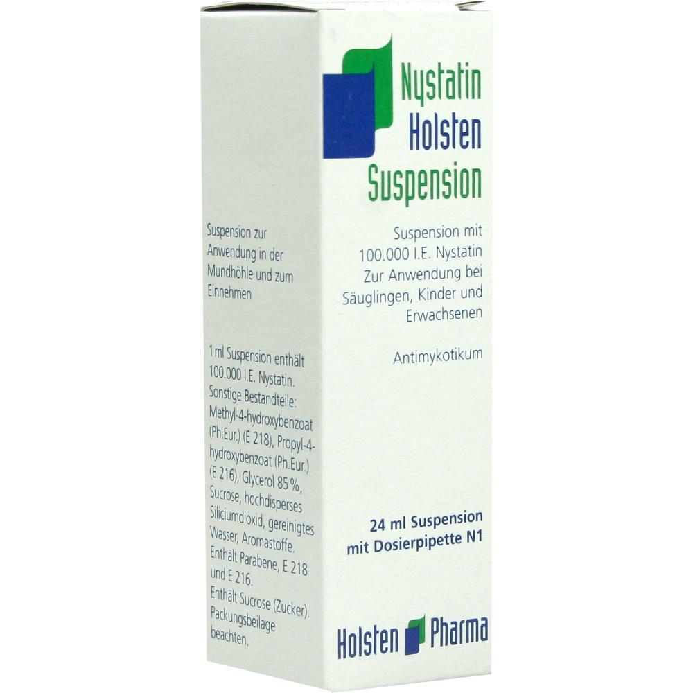 Eine Verpackung von Nystatin Holsten Suspension, einem Medikament gegen Pilzinfektionen.