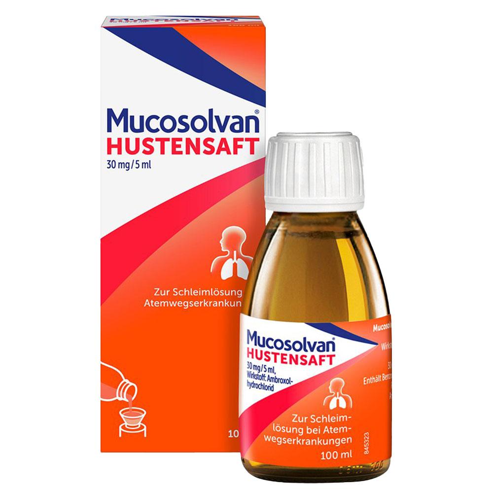 Orange Hustenmittelschachtel f&uuml;r Schleiml&ouml;sung bei Atemwegserkrankungen.