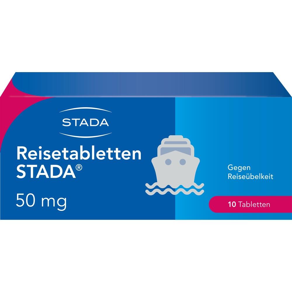 Blaue Packung mit Reisemedikamenten gegen &Uuml;belkeit, 10 Tabletten.