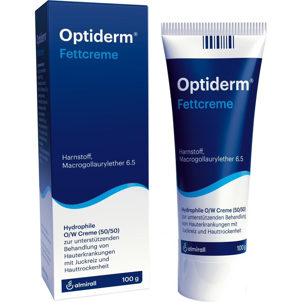 Eine blaue Packung und Tube von Optiderm Fettcreme f&uuml;r trockene Haut stehen nebeneinander.