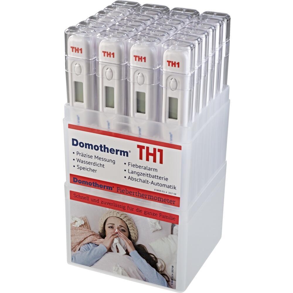 Ein Kasten mit mehreren digitalen Fieberthermometern der Marke Domotherm TH1.