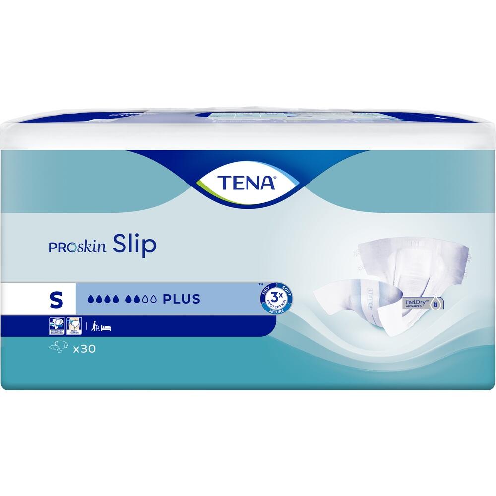 Verpackung von TENA ProSkin Slip Windeln in Gr&ouml;&szlig;e S, f&uuml;r mittlere Inkontinenz.