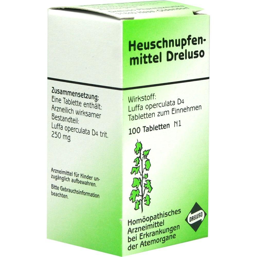 Gr&uuml;ne Medikamentenverpackung gegen Heuschnupfen mit 100 Tabletten.