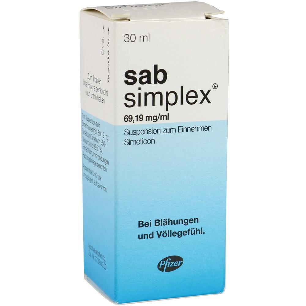 Wei&szlig;e und blaue Verpackung von Sab Simplex gegen Bl&auml;hungen.