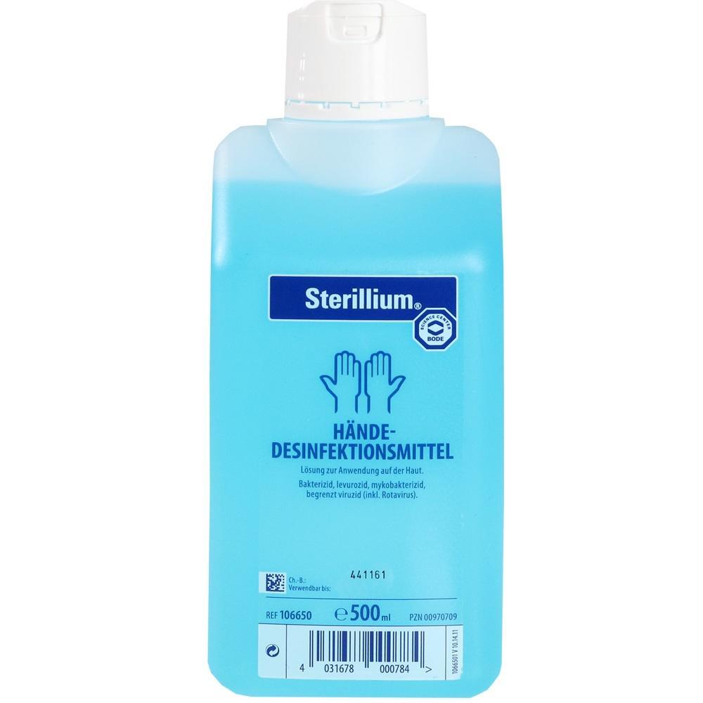 Eine blaue Flasche mit H&auml;ndedesinfektionsmittel.