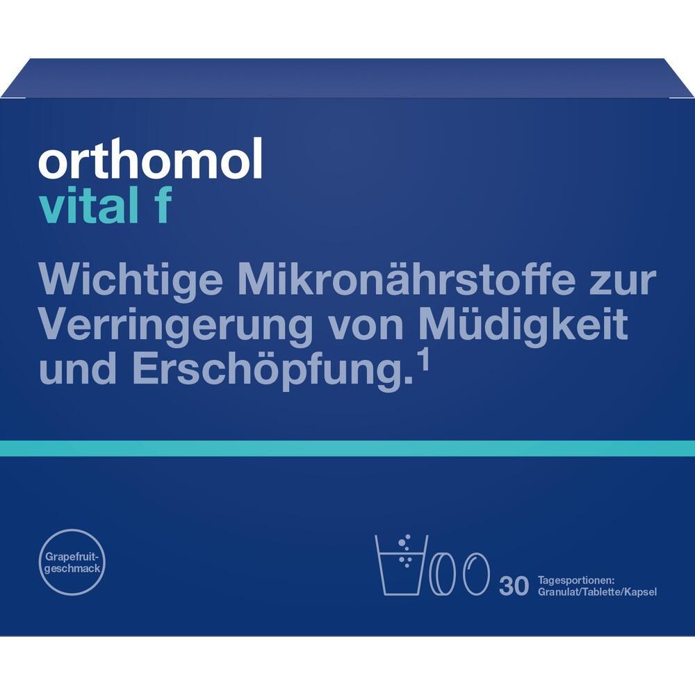 Blaue Verpackung von Orthomol Vital F mit Text &uuml;ber Mikron&auml;hrstoffe gegen M&uuml;digkeit.