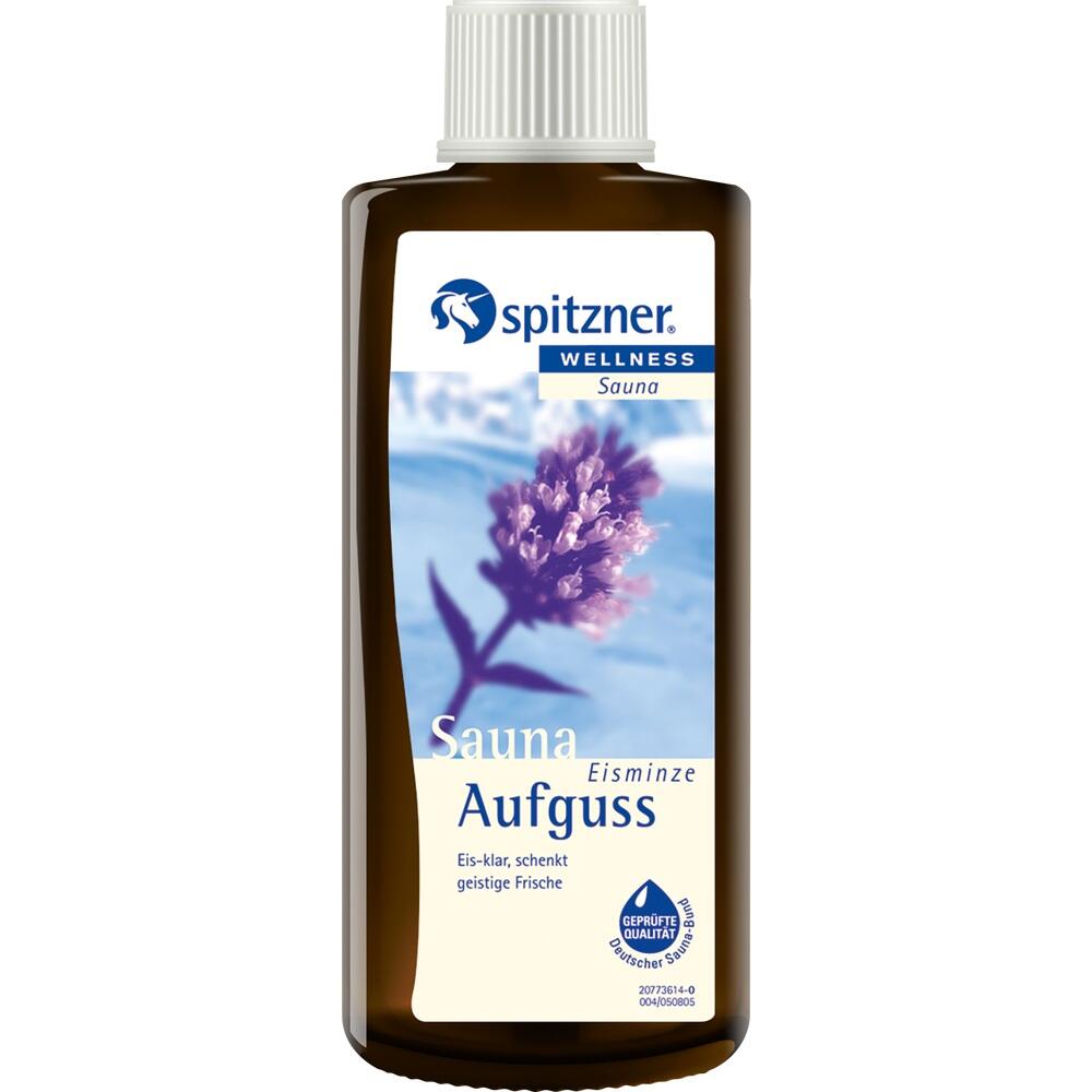 Braune Flasche mit Saunaaufguss-Essenz, Eisminz-Duft von Spitzner.