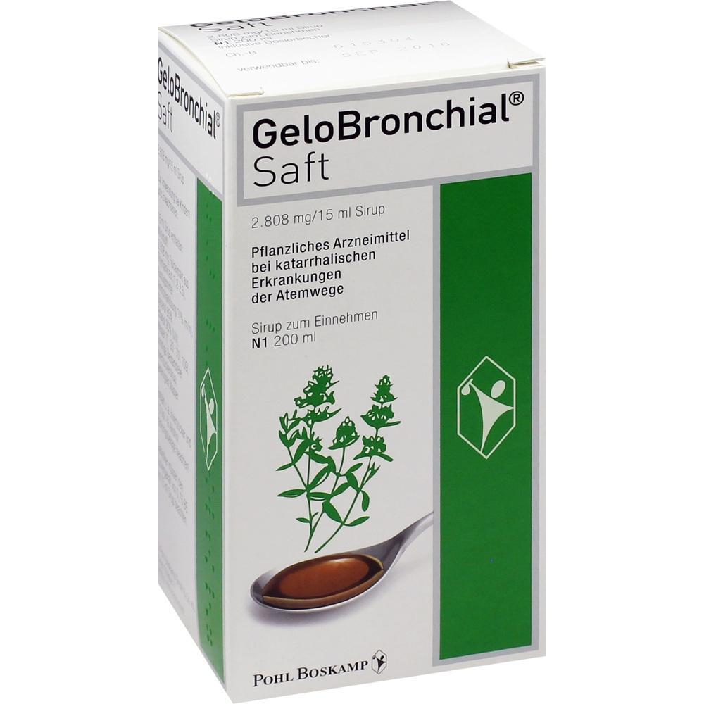 Wei&szlig;e Verpackung von GeloBronchial Saft mit gr&uuml;nem Pflanzenbild und Produktinformationen.