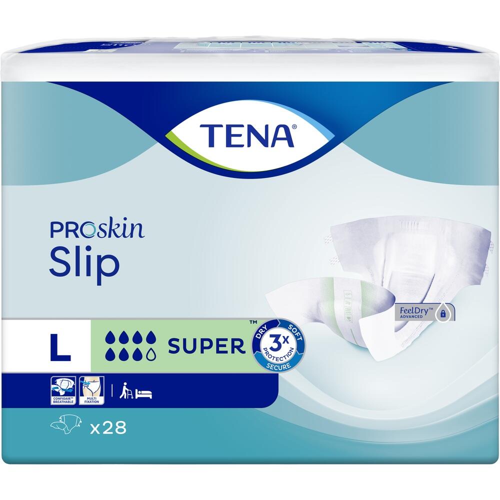 Verpackung von TENA Proskin Slip f&uuml;r Erwachsene, Gr&ouml;&szlig;e L, 28 St&uuml;ck.
