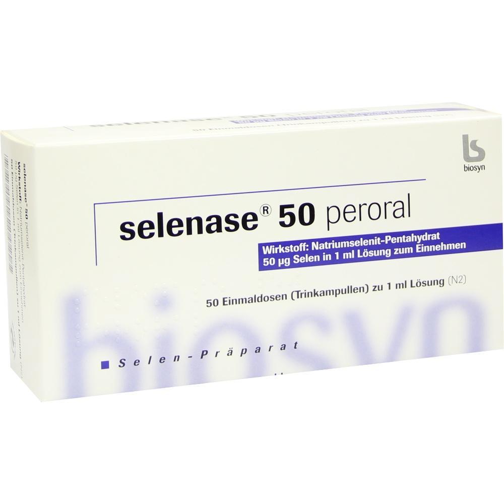 Packung mit Selen-Pr&auml;parat, 50 Trinkampullen zu je 1 ml L&ouml;sung.