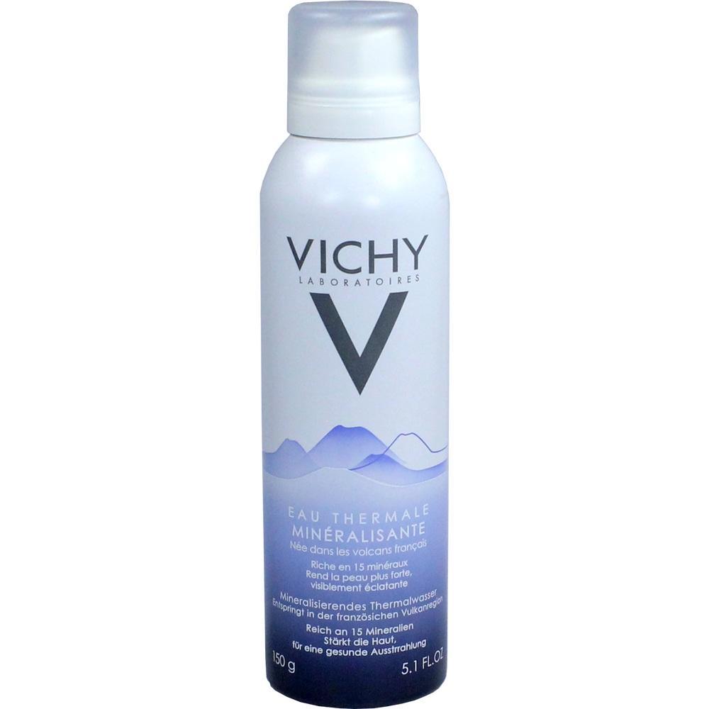 Wei&szlig;-blaues Spray-Dosengestell mit der Aufschrift "Vichy" und Bergmotiv.