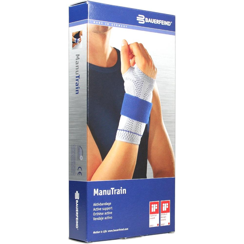 Eine blau-graue Handgelenkbandage von Bauerfeind in einer Verpackung.