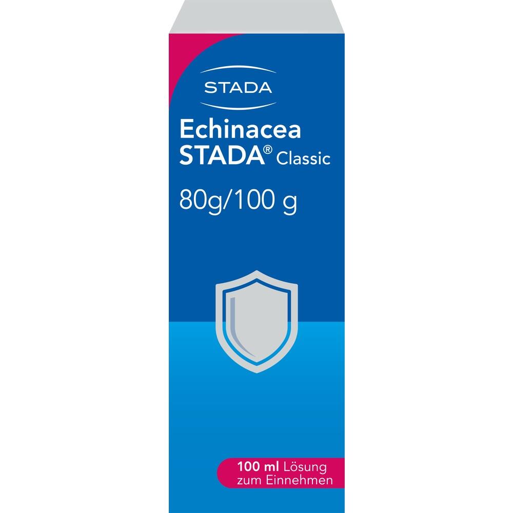 Ein blaues Etikett auf einem Medikament mit der Aufschrift "Echinacea STADA Classic".