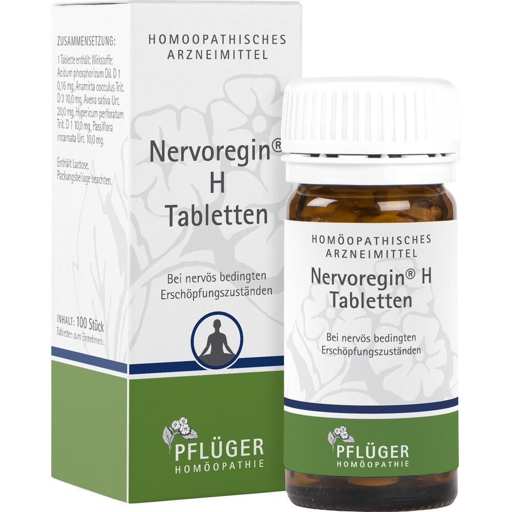Braunglasflasche und Verpackung von hom&ouml;opathischen Nervoregin H Tabletten.
