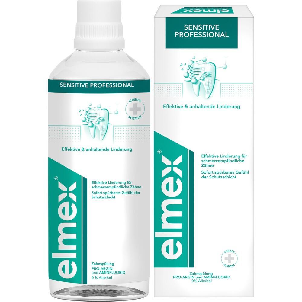 Eine Flasche und Packung Zahnsp&uuml;lung von Elmex f&uuml;r empfindliche Z&auml;hne.