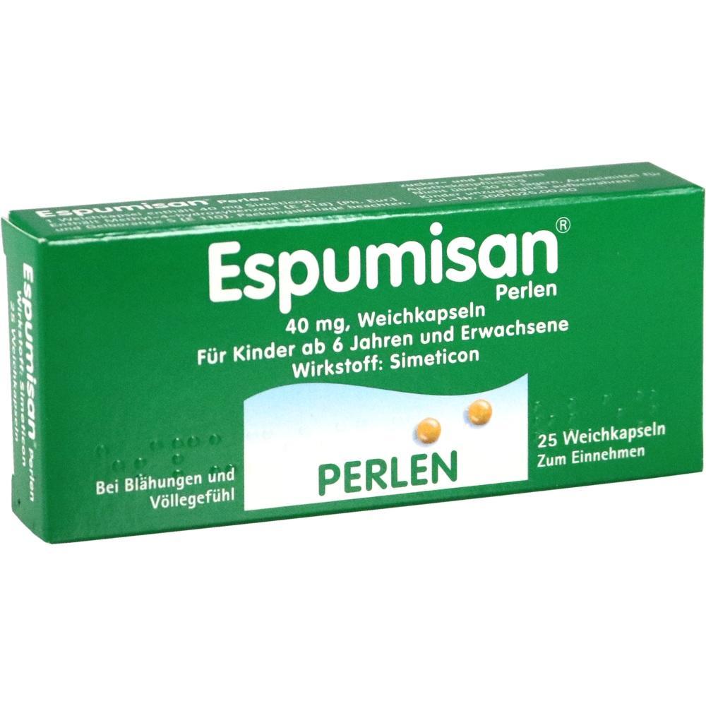 Gr&uuml;ne Verpackung mit der Aufschrift "Espumisan" f&uuml;r Weichkapseln gegen Bl&auml;hungen.