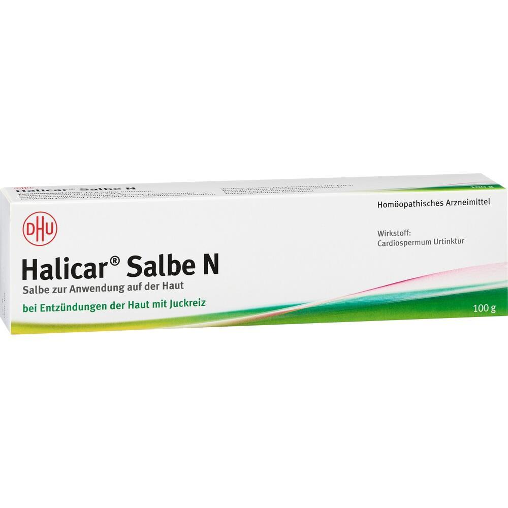 Wei&szlig;e Schachtel mit der Aufschrift "Halicar Salbe N" f&uuml;r Hautentz&uuml;ndungen mit Juckreiz.