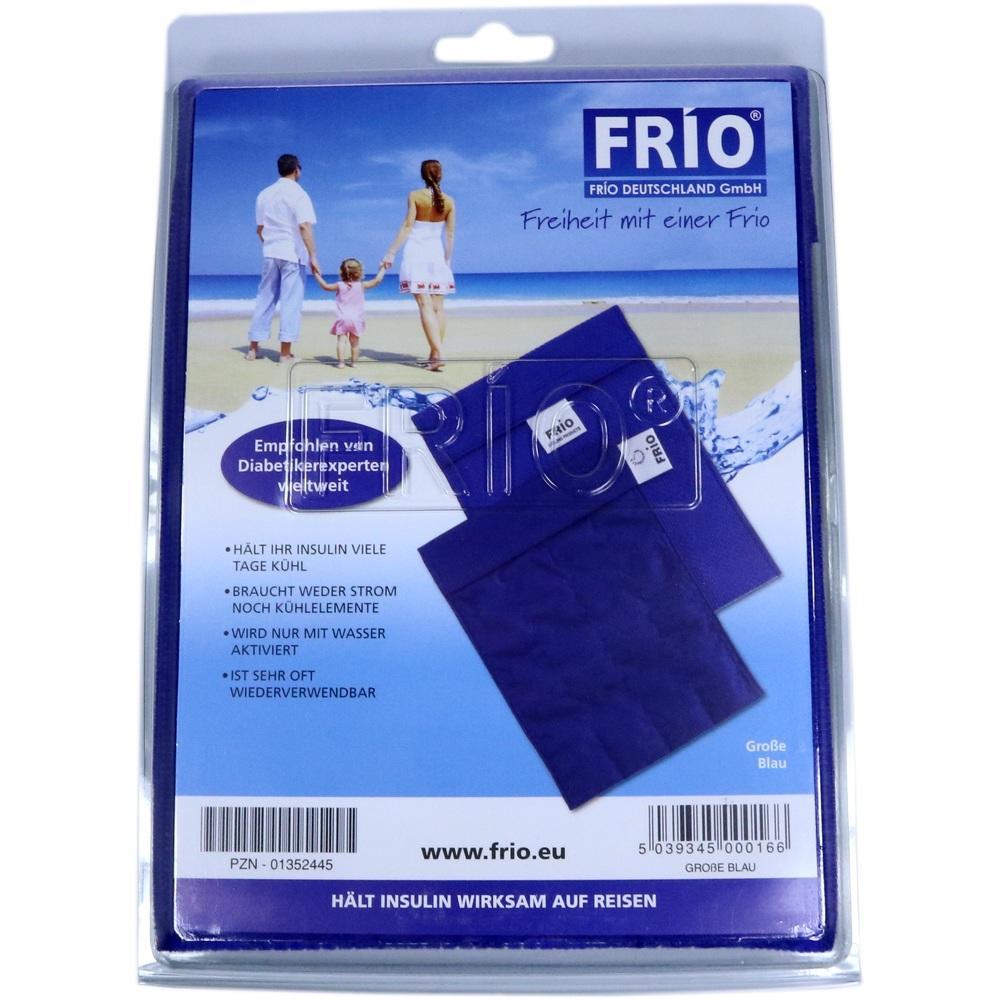 Verpackung mit blauem Kühlbeutel für Insulin und Bild einer Familie am Strand im Hintergrund.