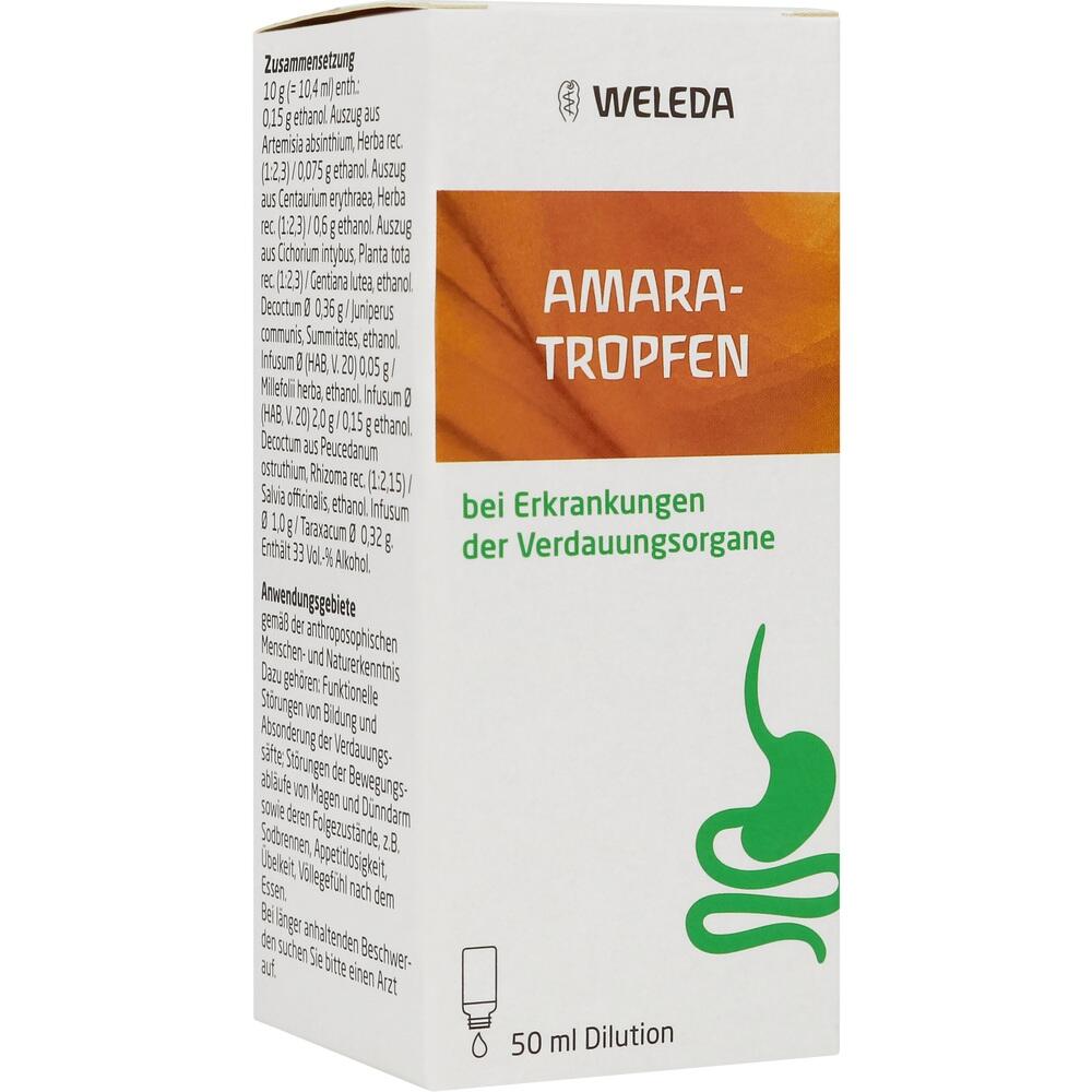 Wei&szlig;e Verpackung von Weleda Amara-Tropfen f&uuml;r Verdauungsprobleme.
