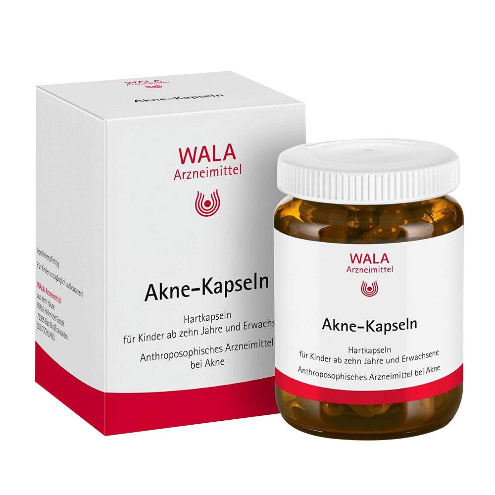 Eine Packung mit 100 Akne-Kapseln von WALA f&uuml;r die Haut.