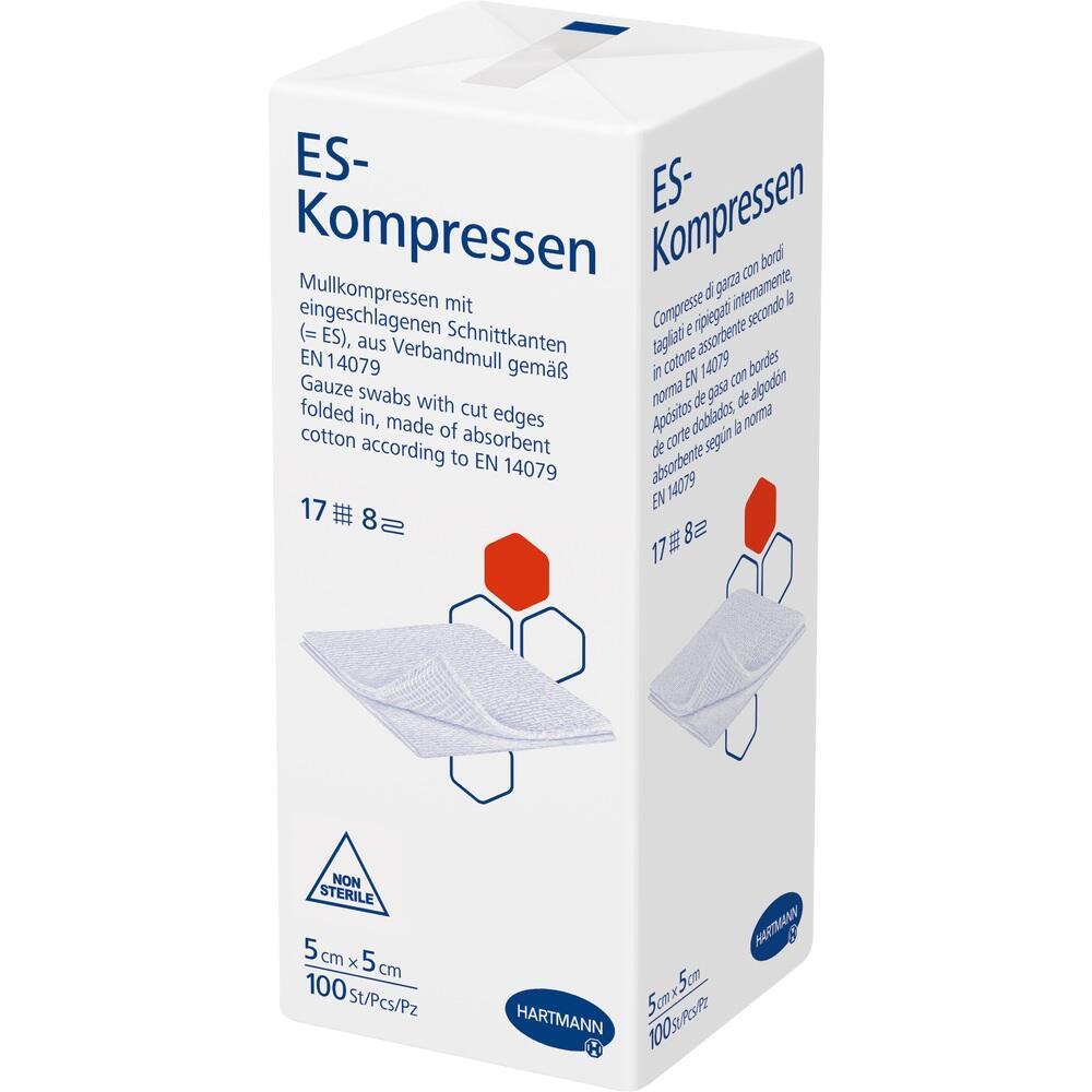 Weiße Packung mit Mullkompressen, nicht steril, 5 cm x 5 cm, 100 Stück.