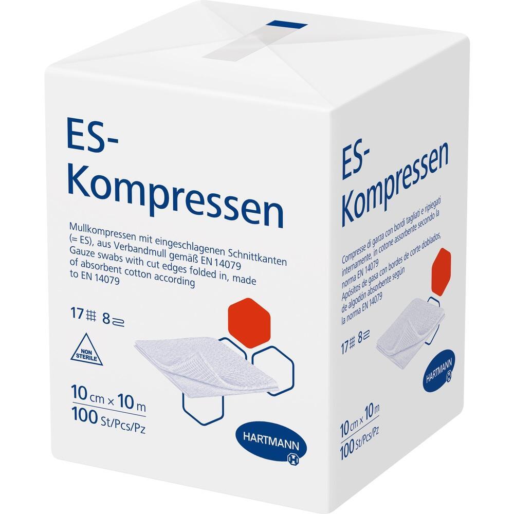 Weiße Packung mit der Aufschrift "ES-Kompressen" und einem Bild von Mullkompressen.