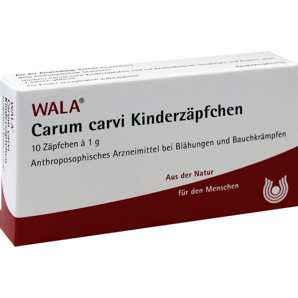 Packung mit Carum-carvi-Kinderz&auml;pfchen gegen Bl&auml;hungen und Bauchkr&auml;mpfe.